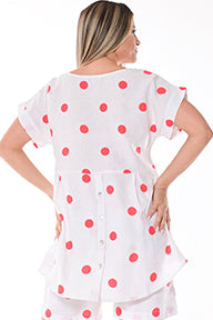 Azucar 100% Linen Short Sleeve V-neck Tunic w/High-Low Hem & Polka-Dots -LLB1726 - Casual Tropical Wear