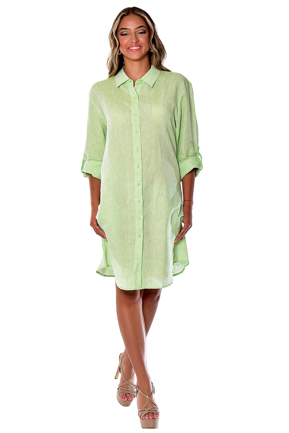 Azucar Ladies 100% Linen Yarn-Dye - 3/4 Sleeve Roll-Up In (9) Colors (2) Pocket Design Shirt/Dress - LLD1725 - Casual Tropical Wear