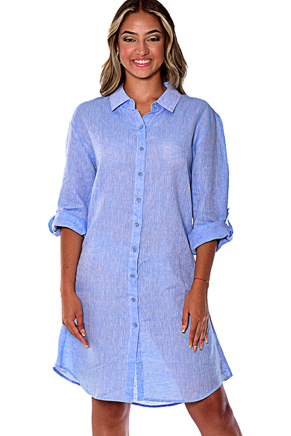 Azucar Ladies 100% Linen Yarn-Dye - 3/4 Sleeve Roll-Up In (9) Colors (2) Pocket Design Shirt/Dress - LLD1725 - Casual Tropical Wear