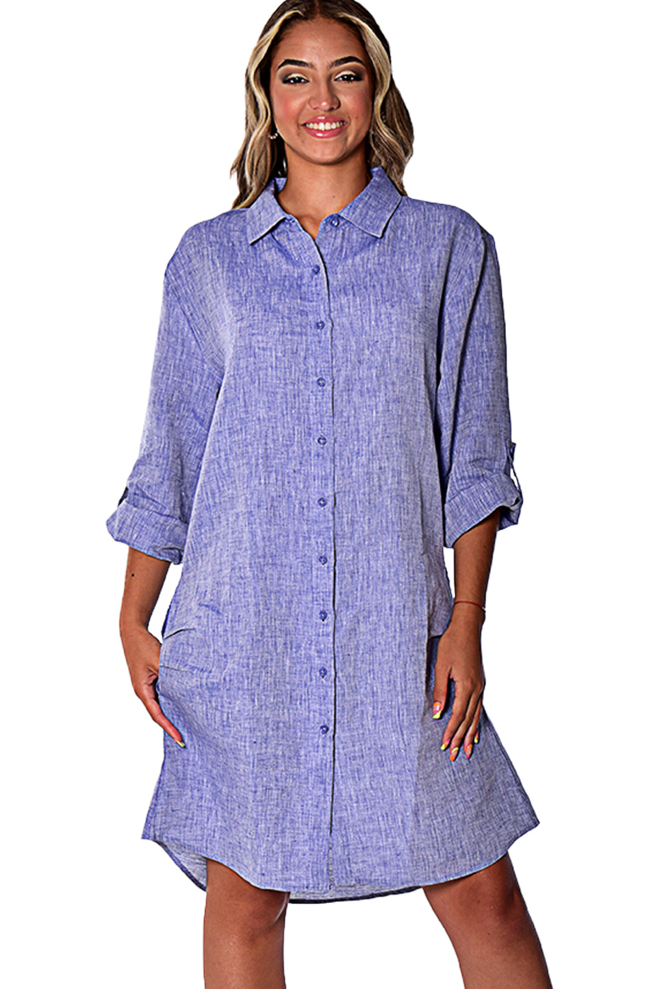Azucar Ladies 100% Linen Yarn-Dye - 3/4 Sleeve Roll-Up In (9) Colors (2) Pocket Design Shirt/Dress - LLD1725 - Casual Tropical Wear