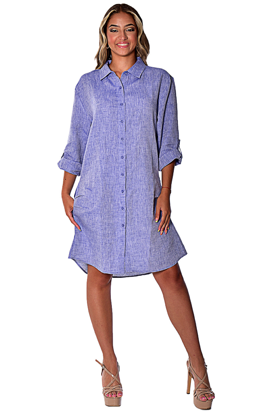 Azucar Ladies 100% Linen Yarn-Dye - 3/4 Sleeve Roll-Up in (9) Colors (2) Pocket Design Shirt/Dress