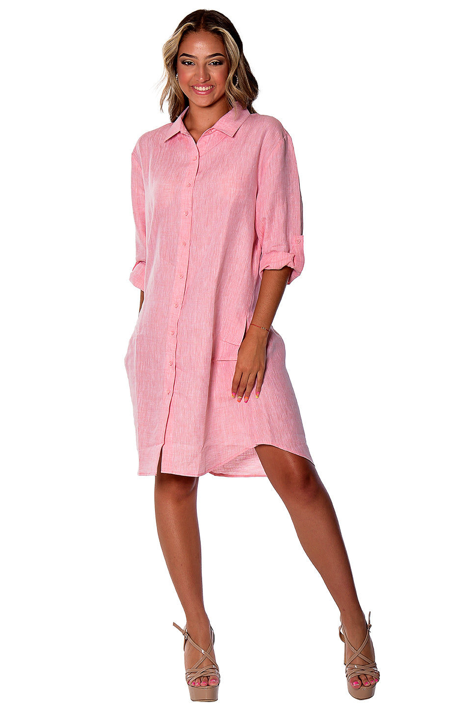 fitted lace wedding dress Azucar Ladies 100% Linen Yarn-Dye - 3/4 Sleeve Roll-Up in (9) Colors (2) Pocket Design Shirt/Dress