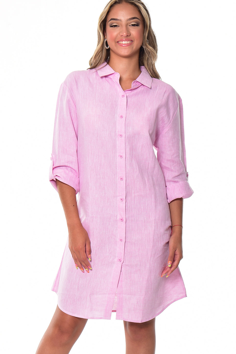 Azucar Ladies 100% Linen Yarn-Dye - 3/4 Sleeve Roll-Up In (9) Colors (2) Pocket Design Shirt/Dress - LLD1725 - Casual Tropical Wear