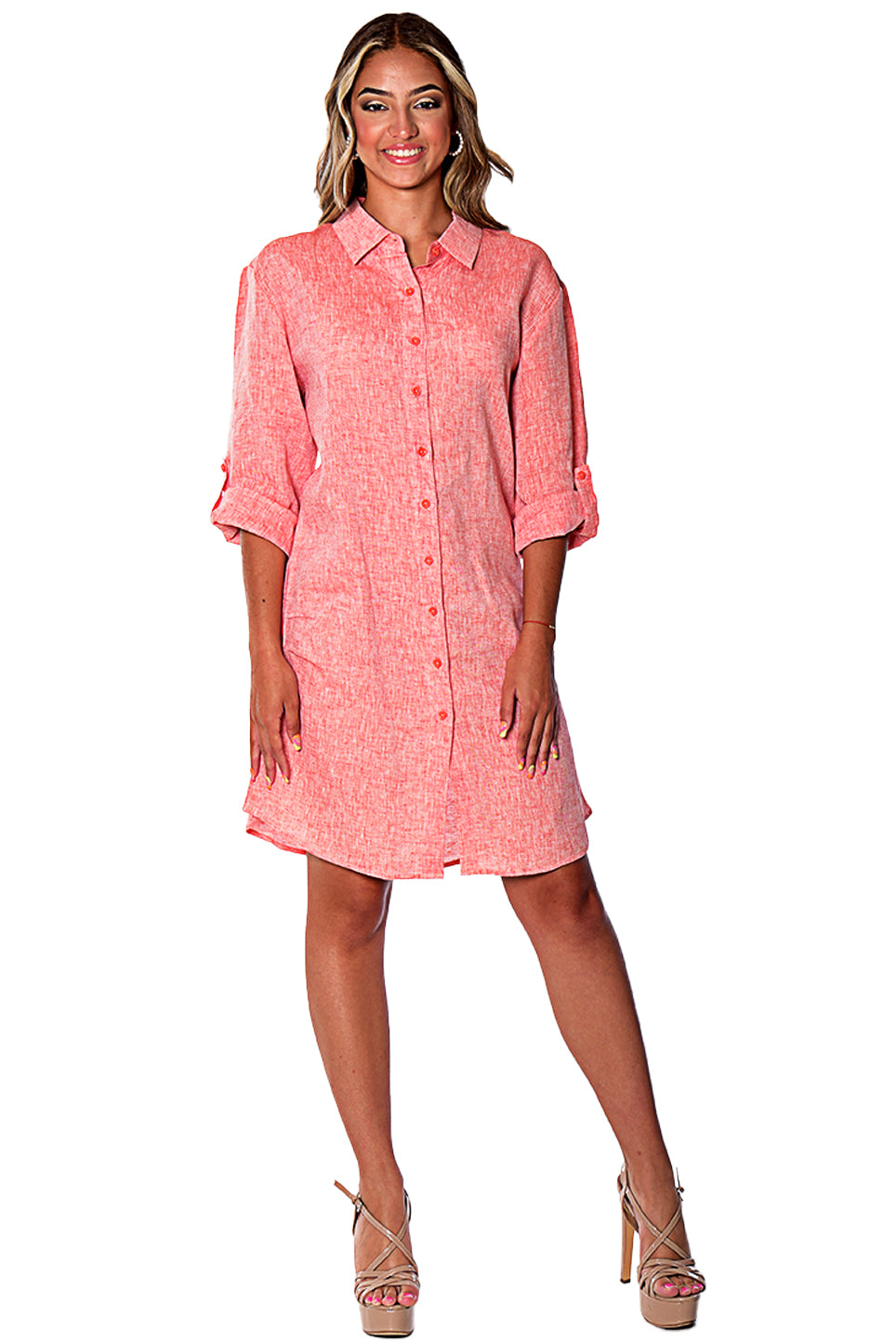 Azucar Ladies 100% Linen Yarn-Dye - 3/4 Sleeve Roll-Up In (9) Colors (2) Pocket Design Shirt/Dress - LLD1725 - Casual Tropical Wear