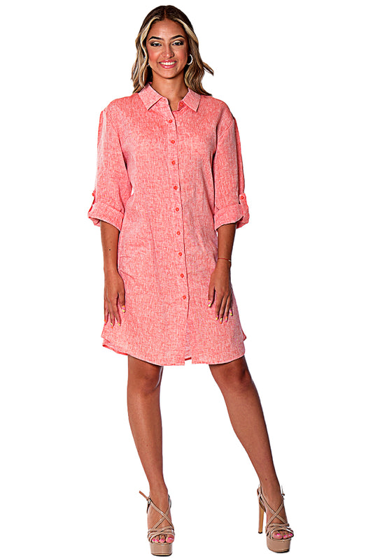 Azucar Ladies 100% Linen Yarn-Dye - 3/4 Sleeve Roll-Up In (9) Colors (2) Pocket Design Shirt/Dress - LLD1725 - Casual Tropical Wear
