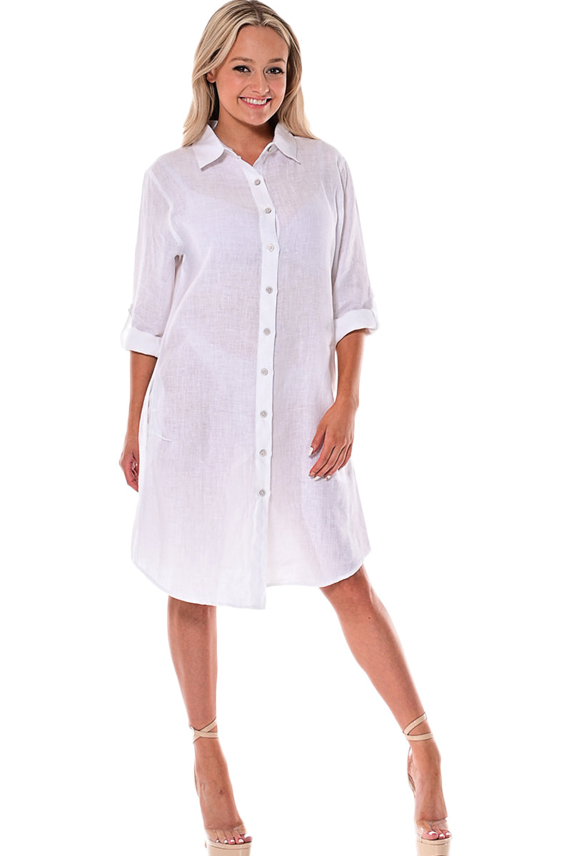 Azucar Ladies 100% Linen Yarn-Dye - 3/4 Sleeve Roll-Up White (2) Pocket Design Shirt/Dress - LLD1725 - Casual Tropical Wear