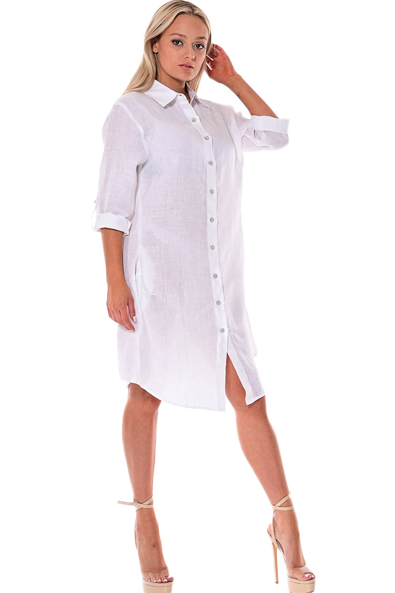Azucar Ladies 100% Linen Yarn-Dye - 3/4 Sleeve Roll-Up White (2) Pocket Design Shirt/Dress - LLD1725 - Casual Tropical Wear