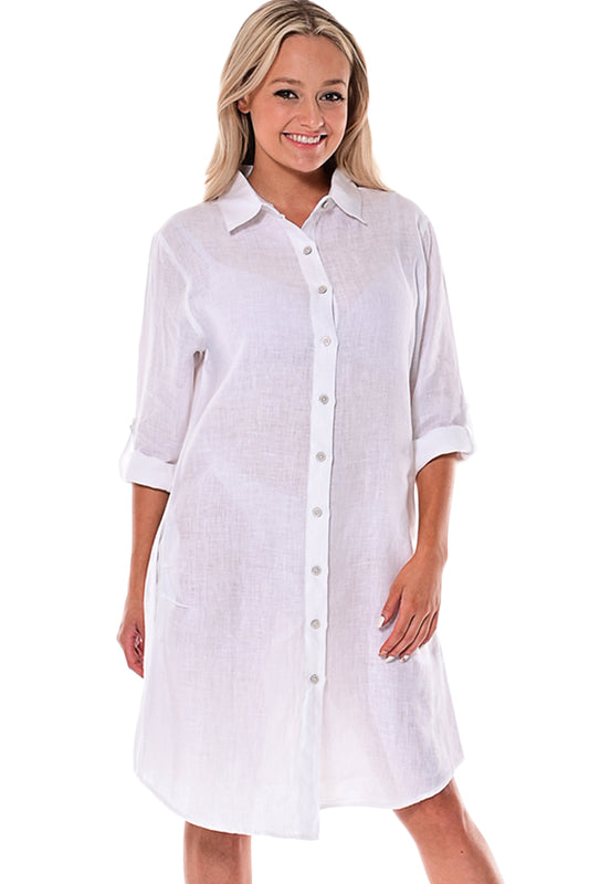 Azucar Ladies 100% Linen Yarn-Dye - 3/4 Sleeve Roll-Up White (2) Pocket Design Shirt/Dress - LLD1725 - Casual Tropical Wear