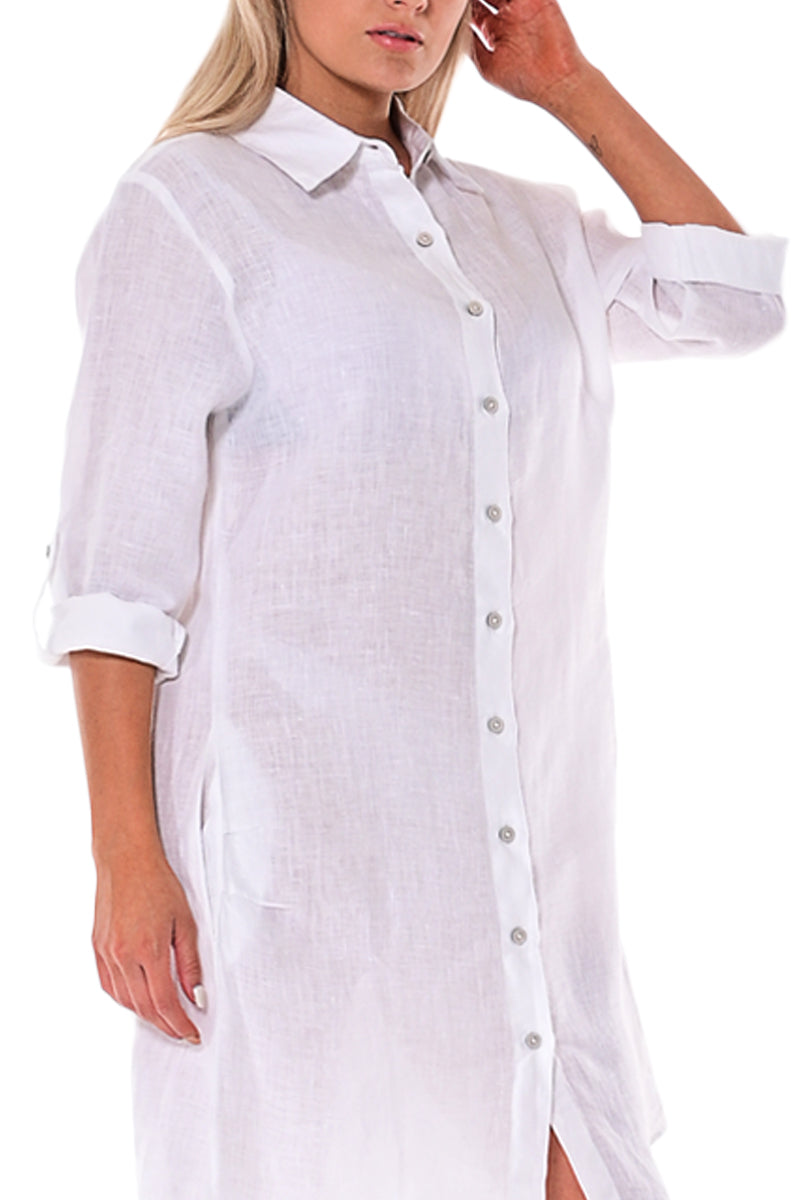 Azucar Ladies 100% Linen Yarn-Dye - 3/4 Sleeve Roll-Up White (2) Pocket Design Shirt/Dress - LLD1725 - Casual Tropical Wear