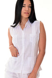 Azucar Ladies 100% Soft Linen Traditional (4) Pocket Guayabera Blouse in (5) Colors- LLGB3006