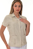 Ladies 100% Soft Linen Traditional (4) Pocket Short Sleeve Guayabera Blouse in (5) Colors - LLGB3008