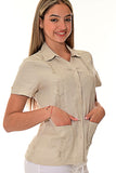 Ladies 100% Soft Linen Traditional (4) Pocket Short Sleeve Guayabera Blouse in (5) Colors - LLGB3008