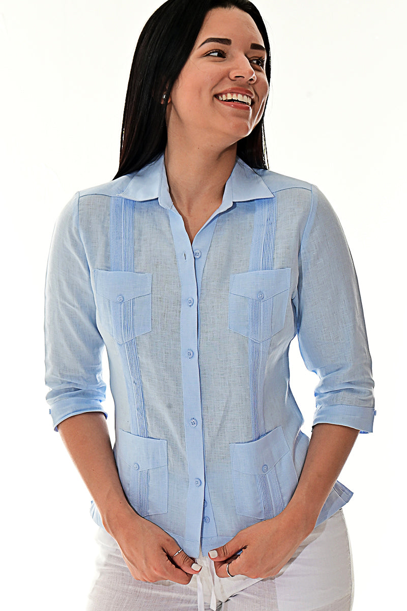 Ladies 100% Soft Linen Traditional (4) Pocket 3/4 Sleeve Guayabera Blouse in (5) Colors - LLGB3009 - Casual Tropical Wear