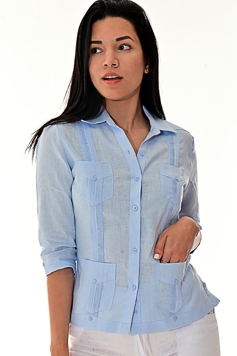 Ladies 100% Soft Linen Traditional (4) Pocket 3/4 Sleeve Guayabera Blouse in (5) Colors - LLGB3009 - Casual Tropical Wear