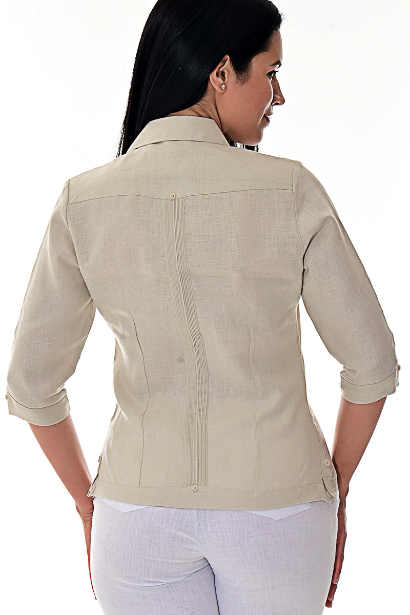 Ladies 100% Soft Linen Traditional (4) Pocket 3/4 Sleeve Guayabera Blouse in (5) Colors - LLGB3009 - Casual Tropical Wear