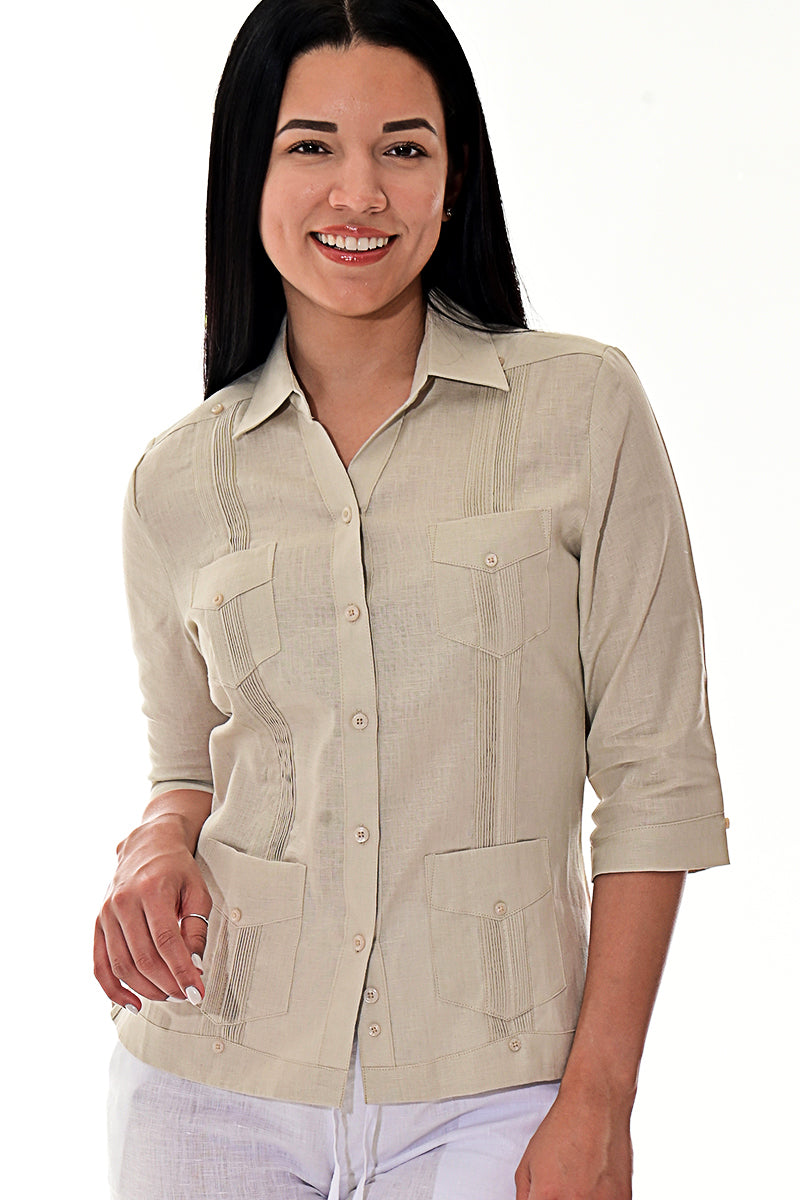 Ladies 100% Soft Linen Traditional (4) Pocket 3/4 Sleeve Guayabera Blouse in (5) Colors - LLGB3009 - Casual Tropical Wear