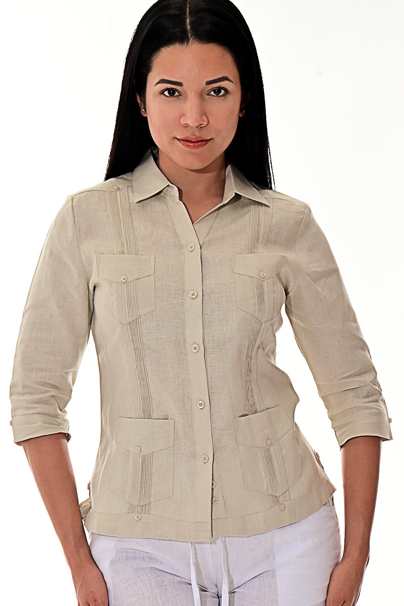 Ladies 100% Soft Linen Traditional (4) Pocket 3/4 Sleeve Guayabera Blouse in (5) Colors - LLGB3009 - Casual Tropical Wear