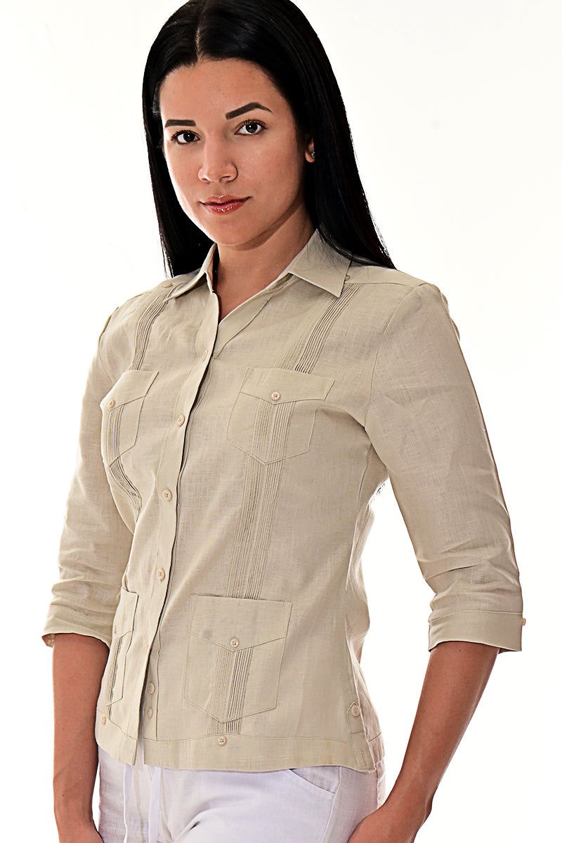 Ladies 100% Soft Linen Traditional (4) Pocket 3/4 Sleeve Guayabera Blouse in (5) Colors - LLGB3009 - Casual Tropical Wear