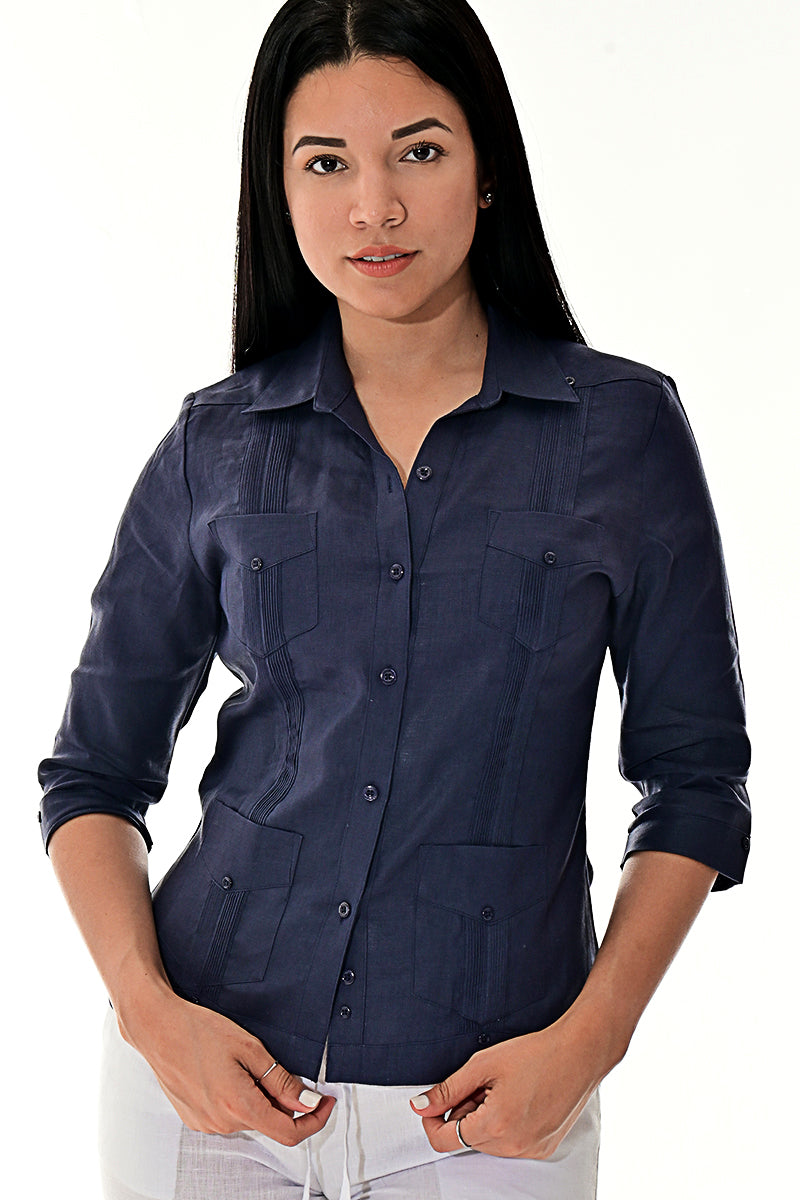 Ladies 100% Soft Linen Traditional (4) Pocket 3/4 Sleeve Guayabera Blouse in (5) Colors - LLGB3009 - Casual Tropical Wear