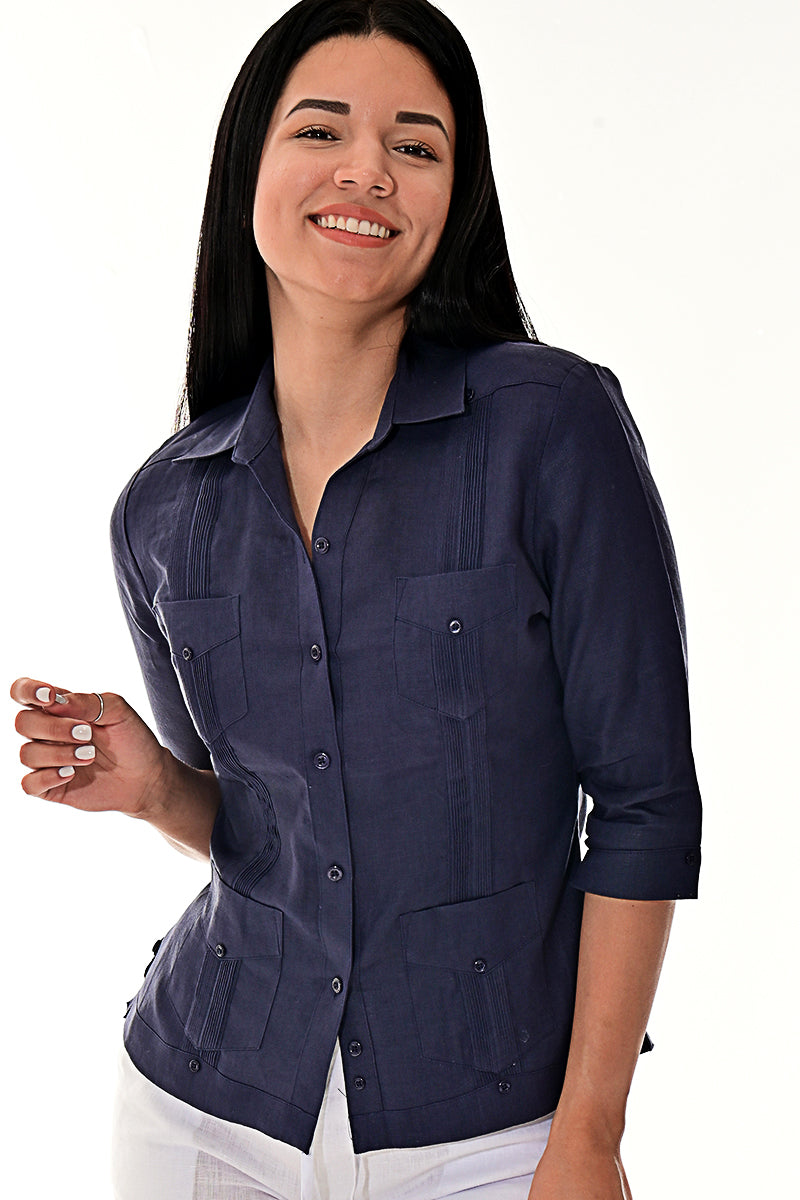 Ladies 100% Soft Linen Traditional (4) Pocket 3/4 Sleeve Guayabera Blouse in (5) Colors - LLGB3009 - Casual Tropical Wear