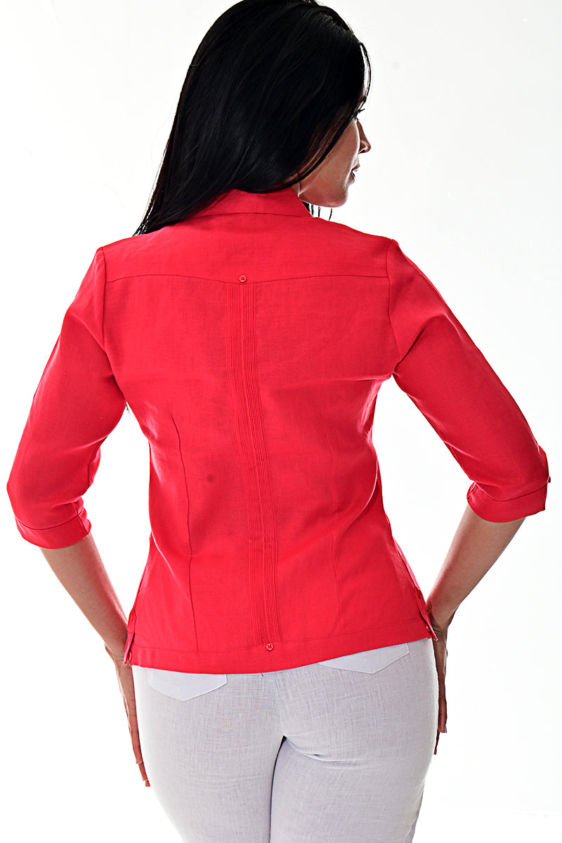 Ladies 100% Soft Linen Traditional (4) Pocket 3/4 Sleeve Guayabera Blouse in (5) Colors - LLGB3009 - Casual Tropical Wear