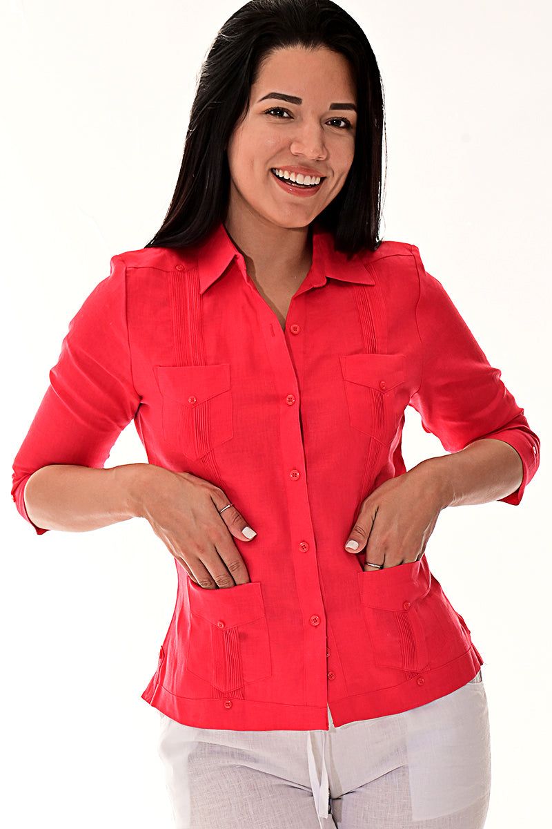 Ladies 100% Soft Linen Traditional (4) Pocket 3/4 Sleeve Guayabera Blouse in (5) Colors - LLGB3009 - Casual Tropical Wear