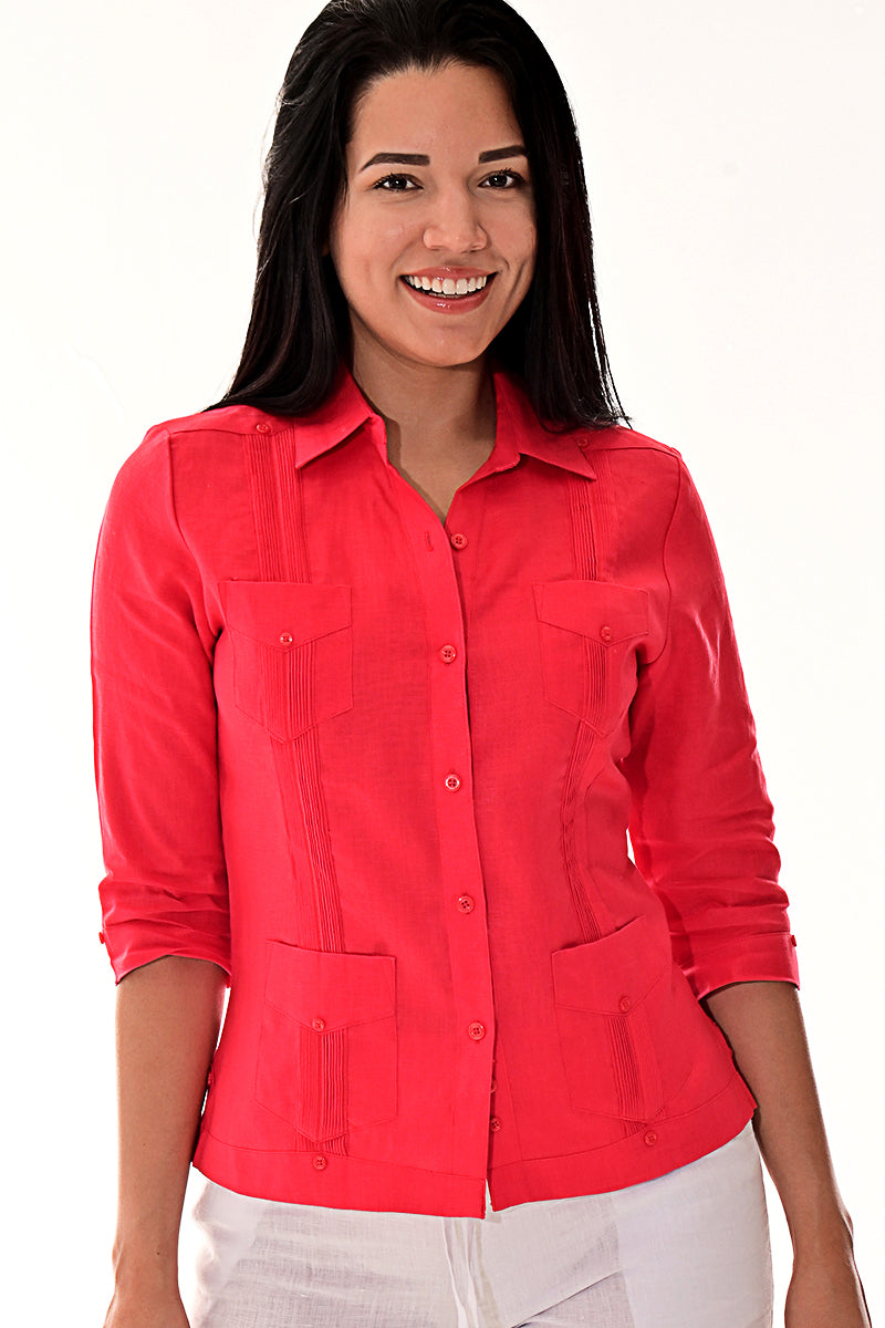 Ladies 100% Soft Linen Traditional (4) Pocket 3/4 Sleeve Guayabera Blouse in (5) Colors - LLGB3009 - Casual Tropical Wear