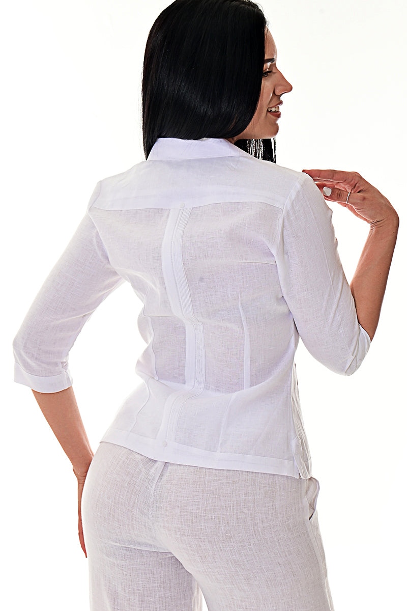 Ladies 100% Soft Linen Traditional (4) Pocket 3/4 Sleeve Guayabera Blouse in (5) Colors - LLGB3009 - Casual Tropical Wear