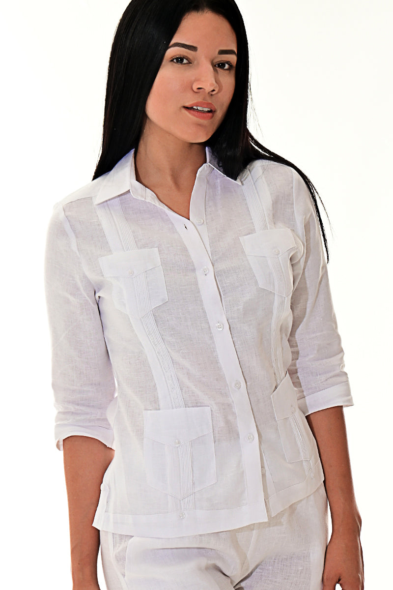 Ladies 100% Soft Linen Traditional (4) Pocket 3/4 Sleeve Guayabera Blouse in (5) Colors - LLGB3009 - Casual Tropical Wear