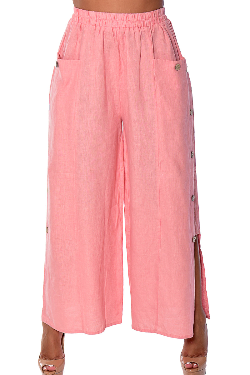 Azucar Ladies Wide Leg 100% Linen Pants w/Front Pockets & Button Detail (3) Colors-LLWP116 - Casual Tropical Wear