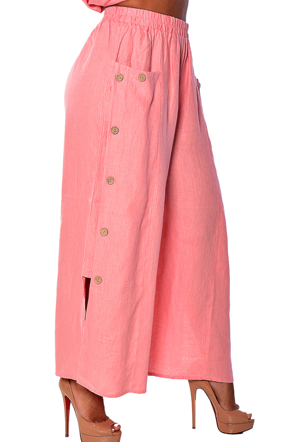 Azucar Ladies Wide Leg 100% Linen Pants w/Front Pockets & Button Detail (3) Colors-LLWP116