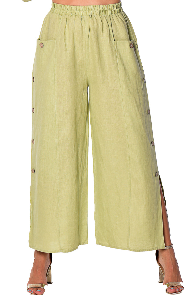 Azucar Ladies Wide Leg 100% Linen Pants w/Front Pockets & Button Detail (3) Colors-LLWP116 - Casual Tropical Wear