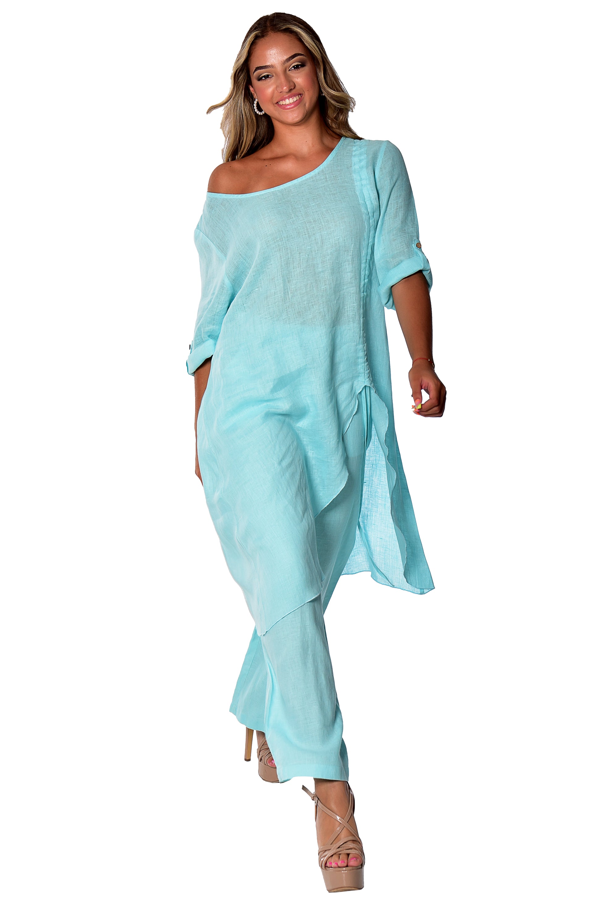 Azucar Linen Loose 3/4 Sleeve Tunic Rushed Draw String Hem- LLWB2073 - Casual Tropical Wear