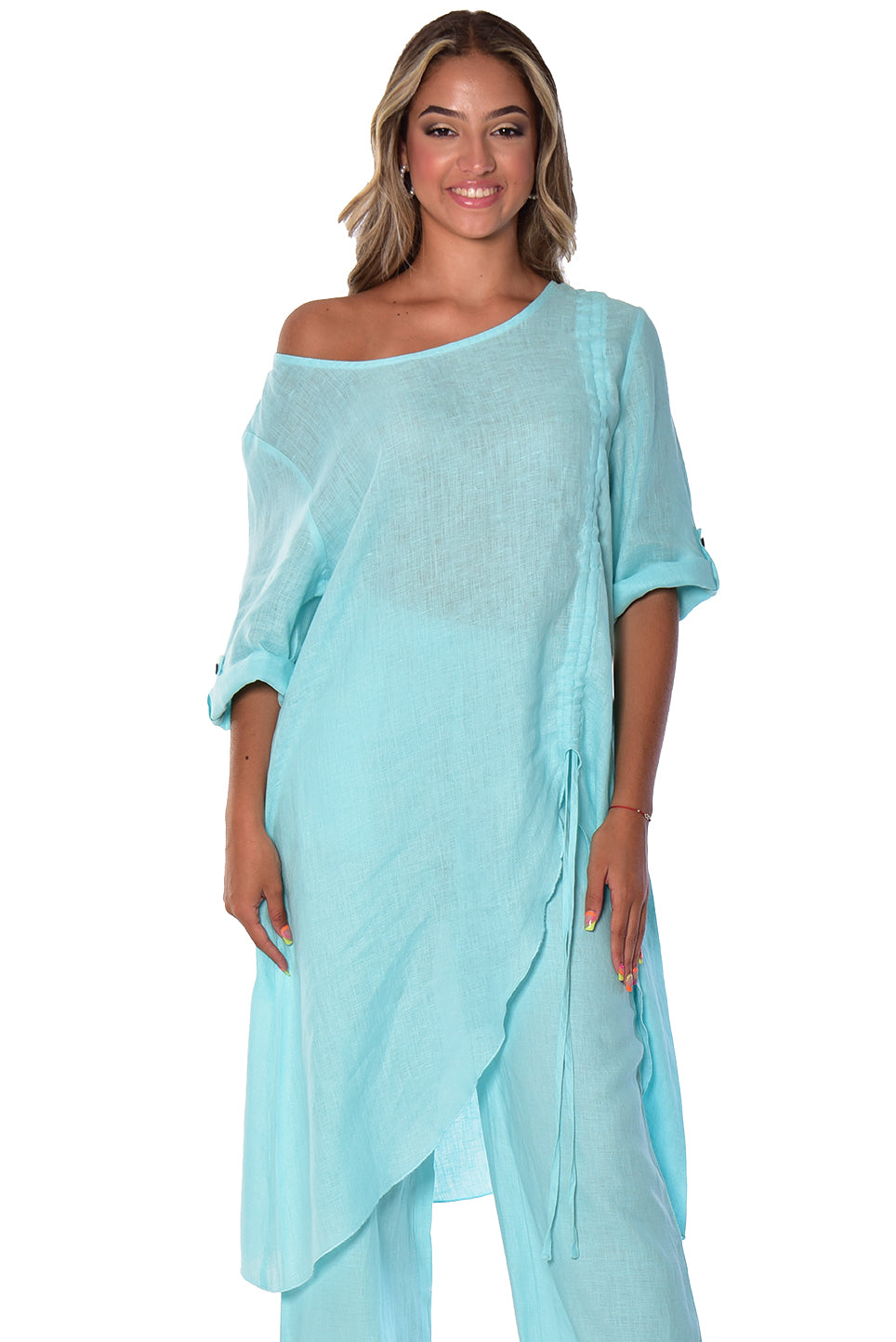Azucar Linen Loose 3/4 Sleeve Tunic Rushed Draw String Hem- LLWB2073 - Casual Tropical Wear