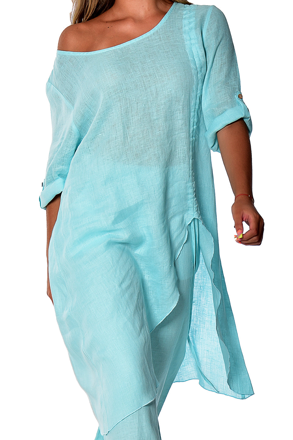 Azucar Linen Loose 3/4 Sleeve Tunic Rushed Draw String Hem- LLWB2073 - Casual Tropical Wear
