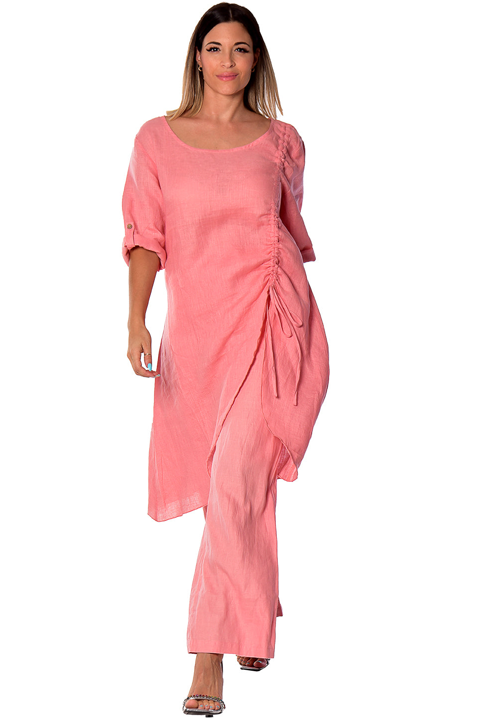 Azucar Linen Loose 3/4 Sleeve Tunic Rushed Draw String Hem- LLWB2073 - Casual Tropical Wear
