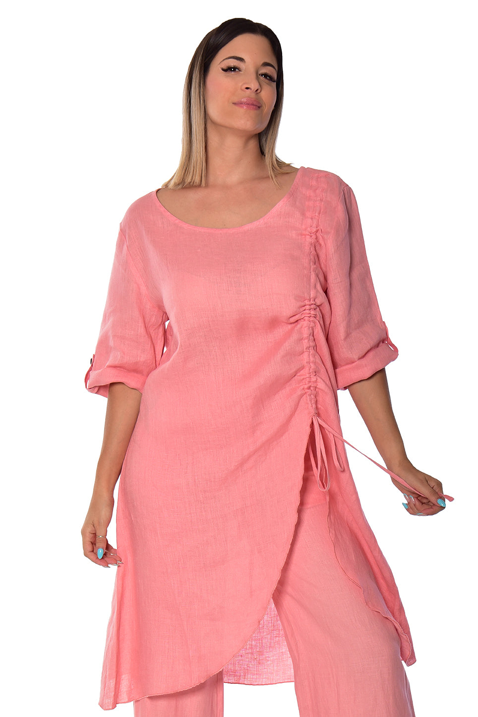 Azucar Linen Loose 3/4 Sleeve Tunic Rushed Draw String Hem- LLWB2073 - Casual Tropical Wear