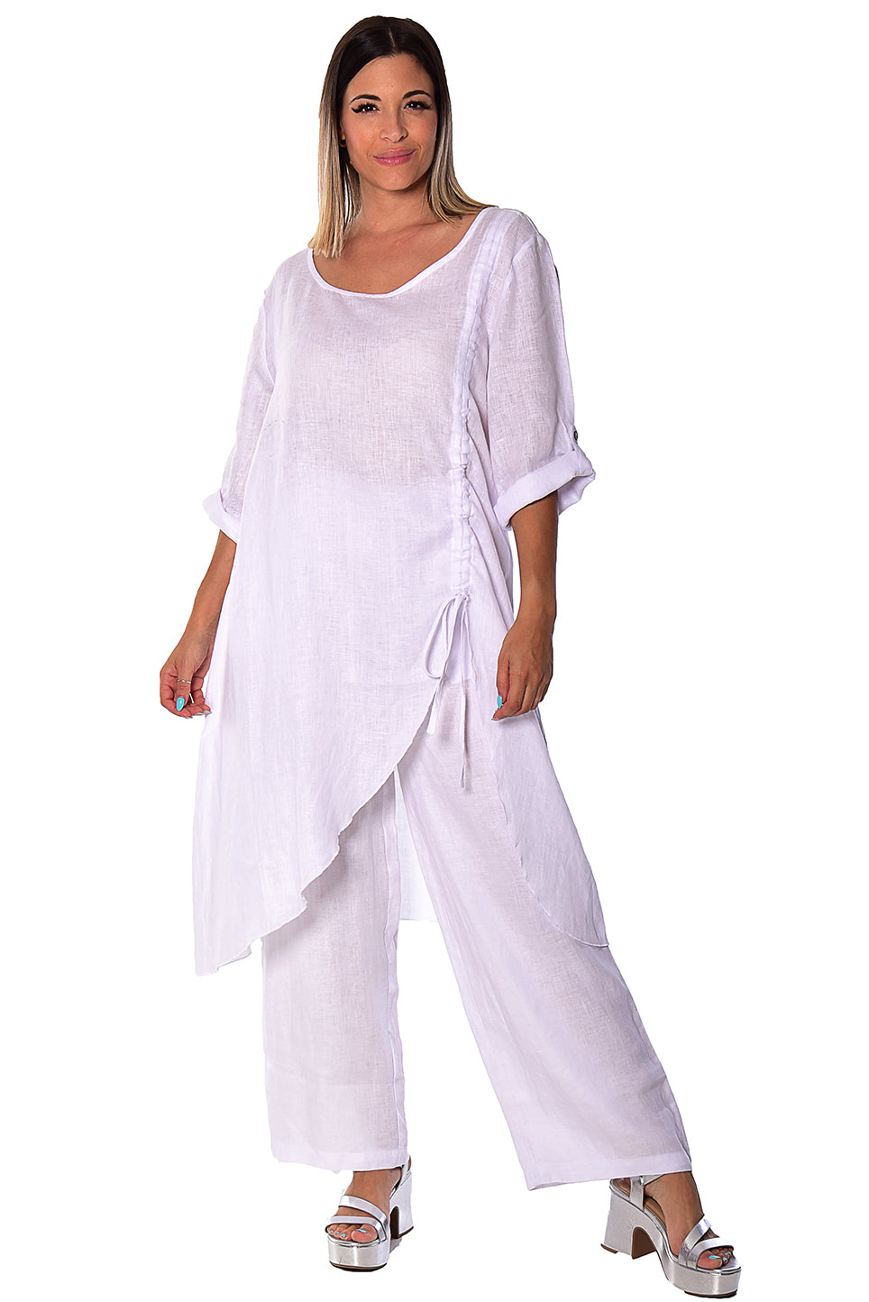 Azucar Linen Loose 3/4 Sleeve Tunic Rushed Draw String Hem- LLWB2073 - Casual Tropical Wear