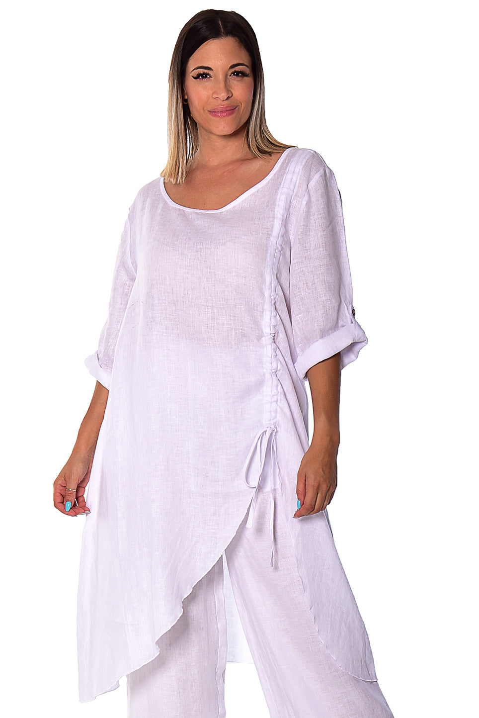 Azucar Linen Loose 3/4 Sleeve Tunic Rushed Draw String Hem- LLWB2073 - Casual Tropical Wear