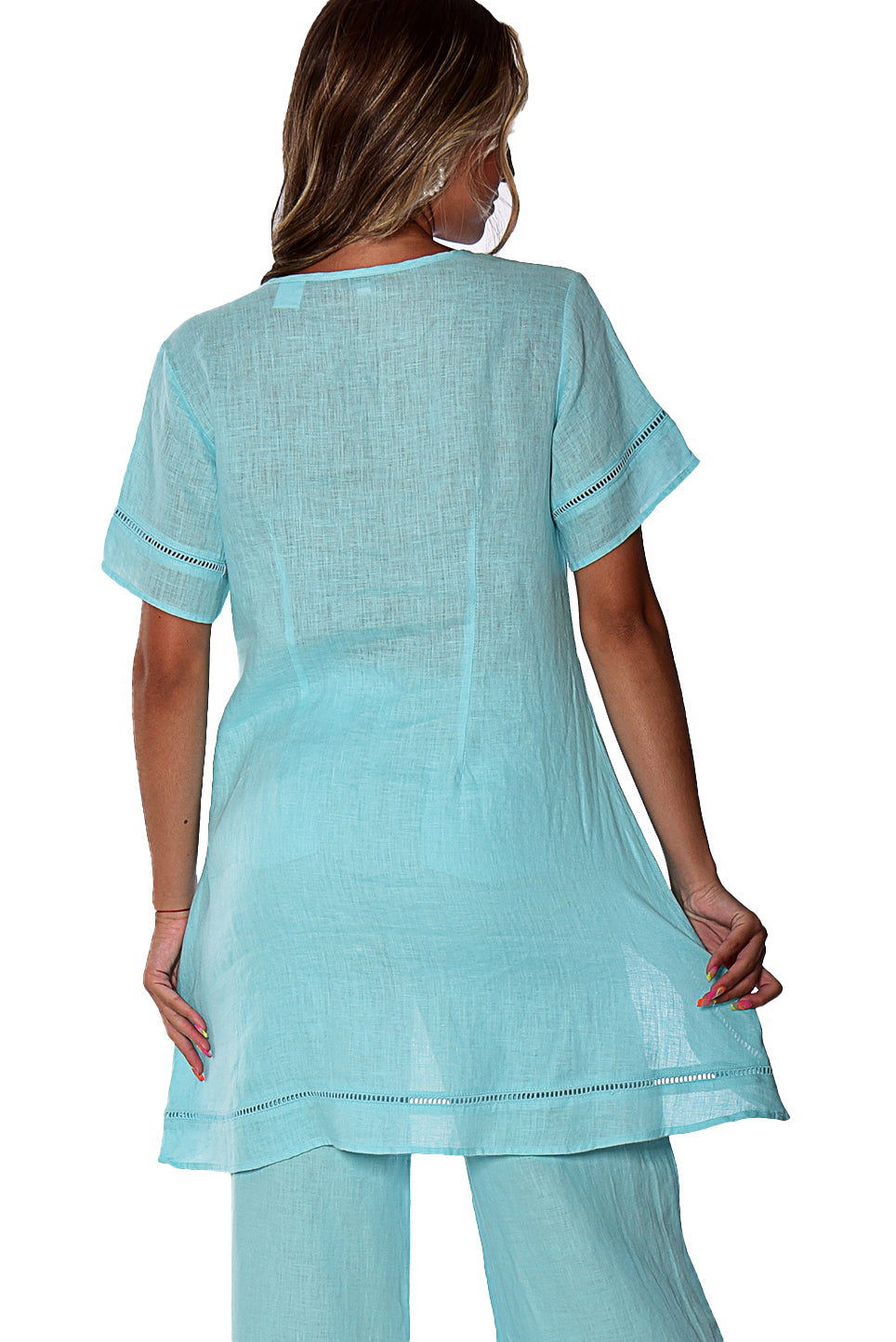 Azucar Ladies 100% LINEN Short Sleeve Wide Neck Hi-Low Blouse - LLWB2083 - Casual Tropical Wear