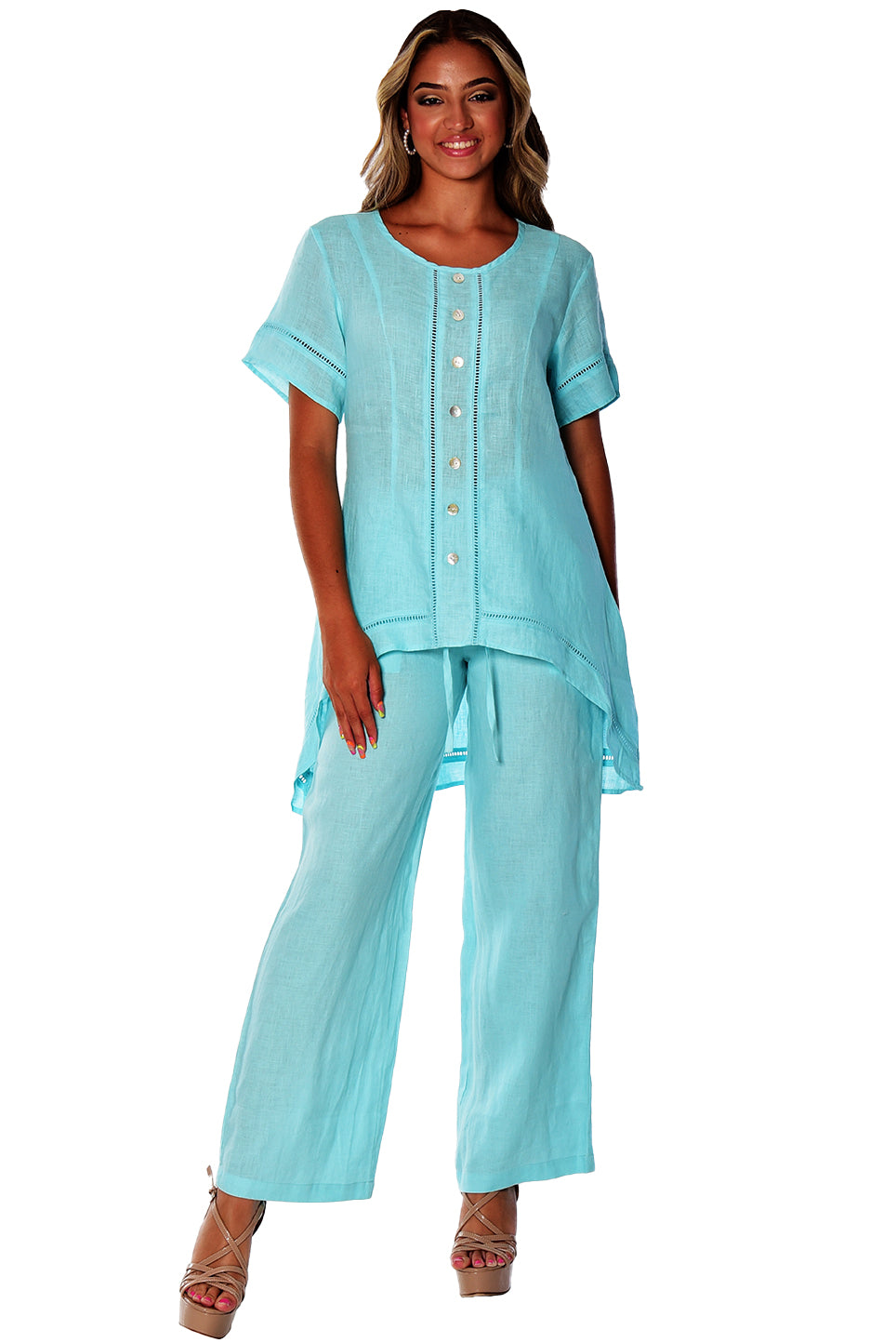 Azucar Ladies 100% LINEN Short Sleeve Wide Neck Hi-Low Blouse - LLWB2083 - Casual Tropical Wear