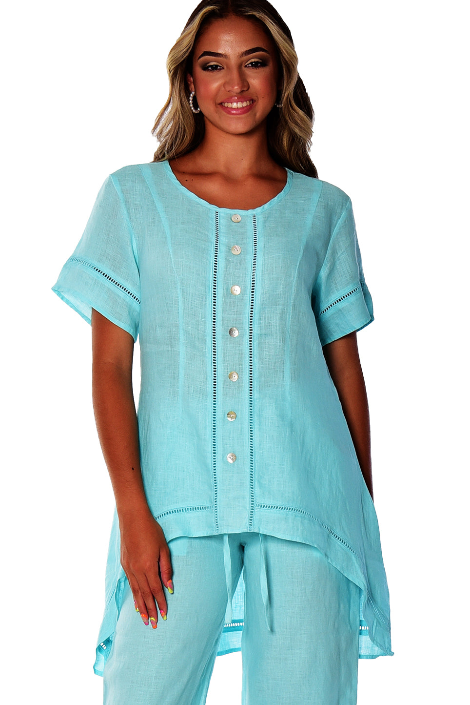 Azucar Ladies 100% LINEN Short Sleeve Wide Neck Hi-Low Blouse - LLWB2083 - Casual Tropical Wear