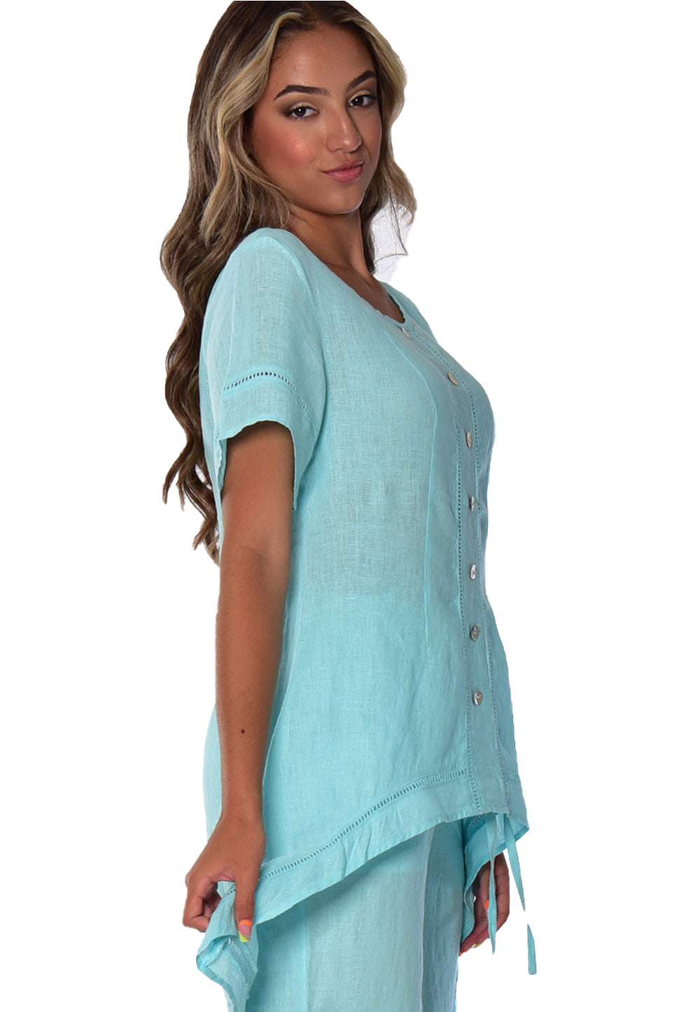 Azucar Ladies 100% LINEN Short Sleeve Wide Neck Hi-Low Blouse - LLWB2083 - Casual Tropical Wear