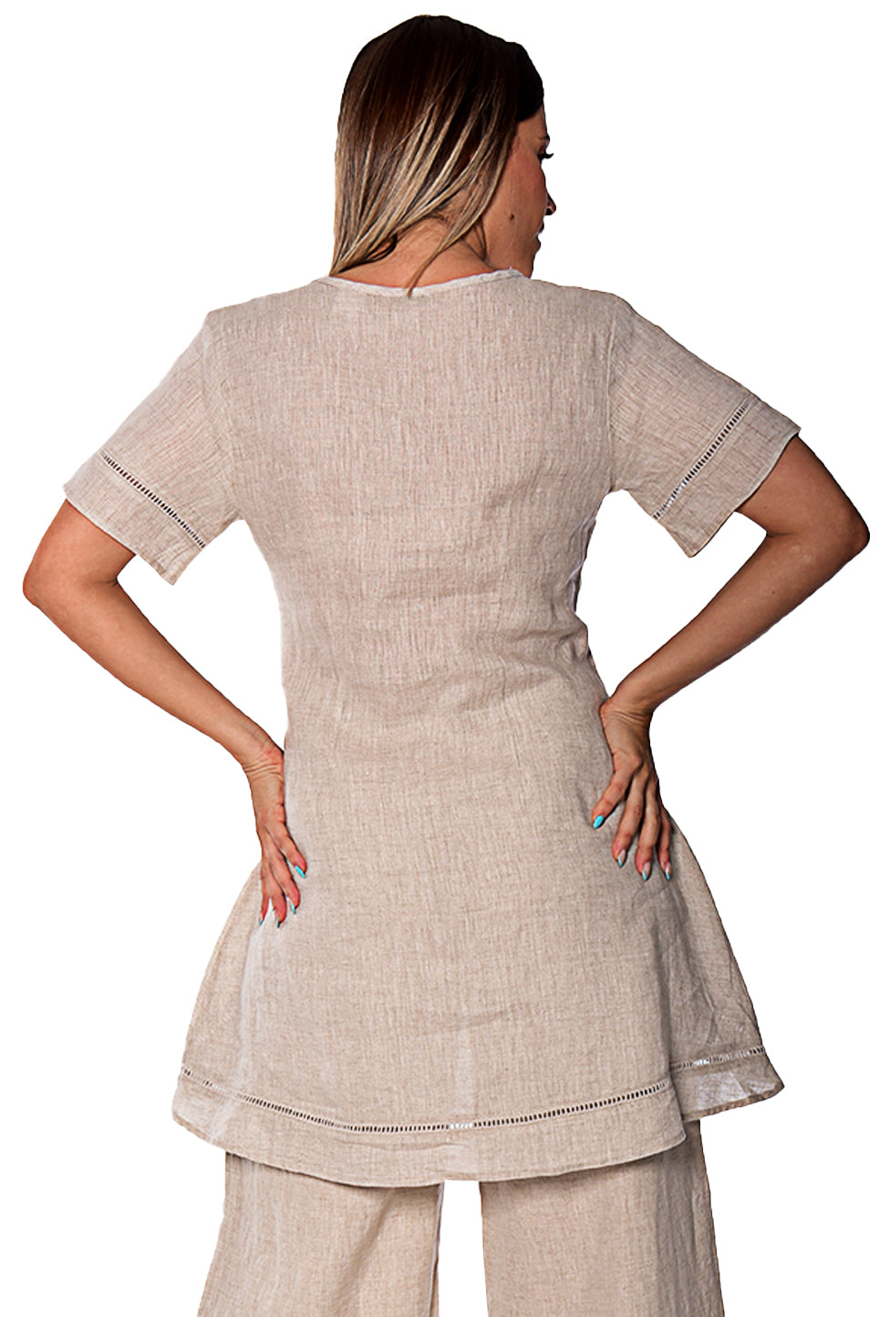 Azucar Ladies 100% LINEN Short Sleeve Wide Neck Hi-Low Blouse - LLWB2083 - Casual Tropical Wear