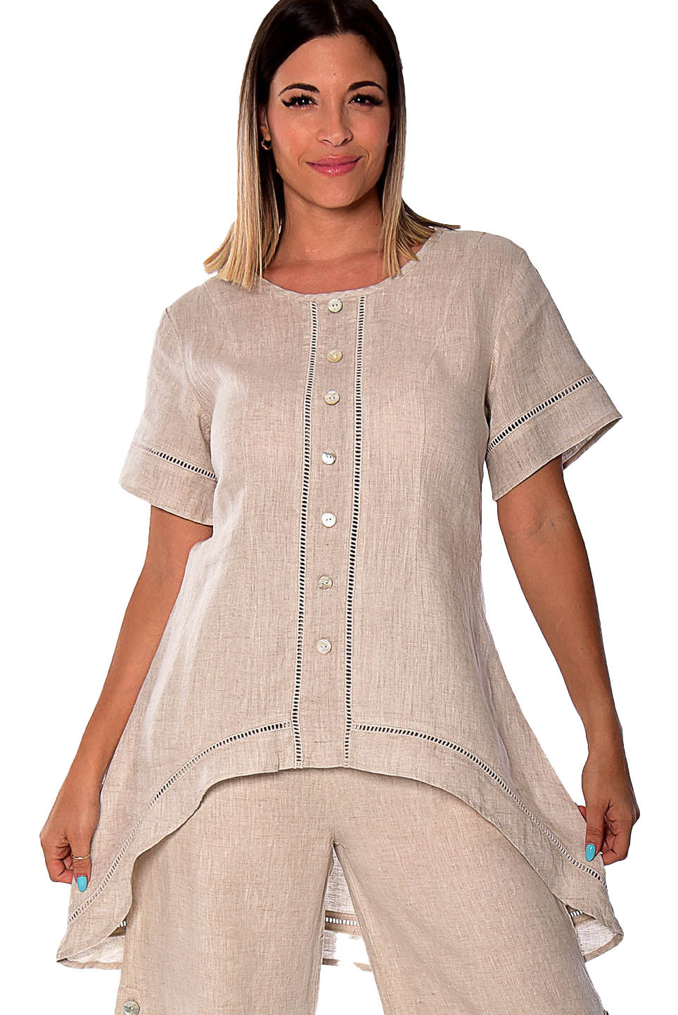 Azucar Ladies 100% LINEN Short Sleeve Wide Neck Hi-Low Blouse - LLWB2083 - Casual Tropical Wear