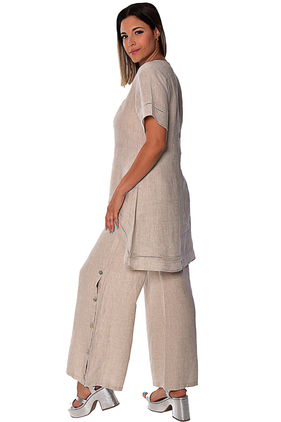 Azucar Ladies 100% LINEN Short Sleeve Wide Neck Hi-Low Blouse - LLWB2083 - Casual Tropical Wear