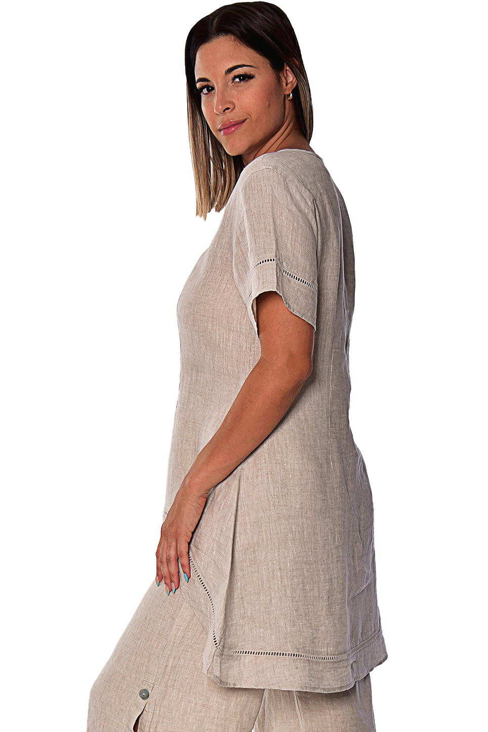 Azucar Ladies 100% LINEN Short Sleeve Wide Neck Hi-Low Blouse - LLWB2083 - Casual Tropical Wear