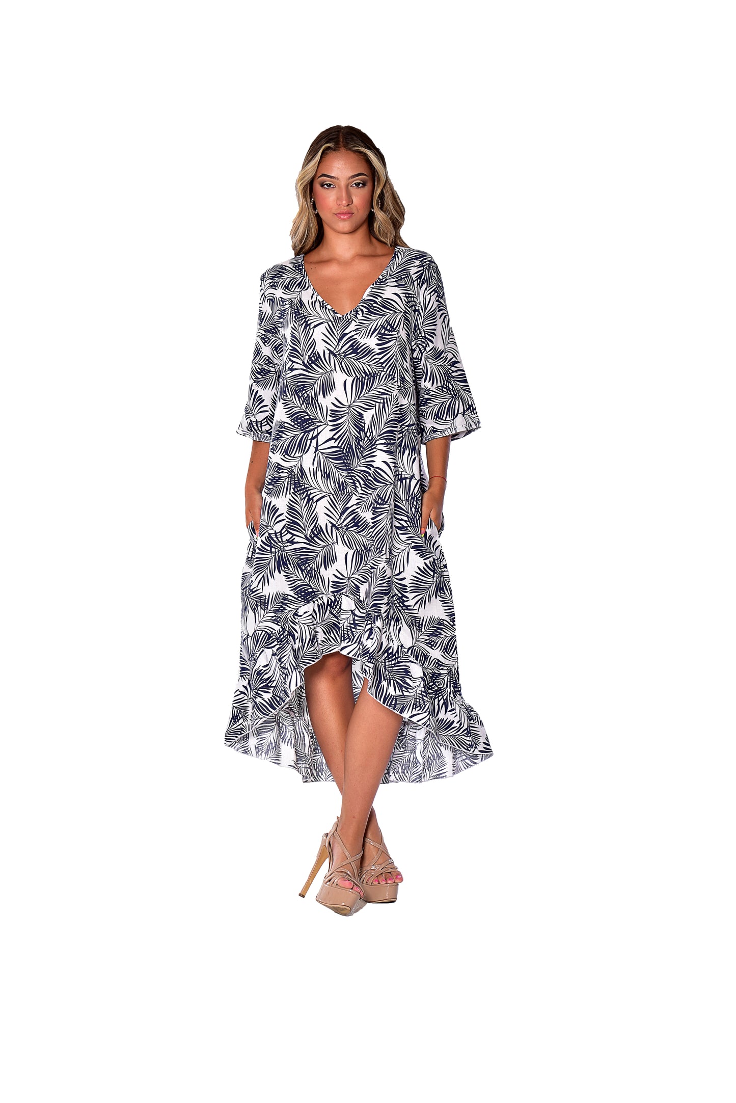 Azucar 100% Linen Ladies Dress with 3/4 Sleeve and Ruffled Hem in (3) Colors-LLD1451/LLWD1981 - Casual Tropical Wear