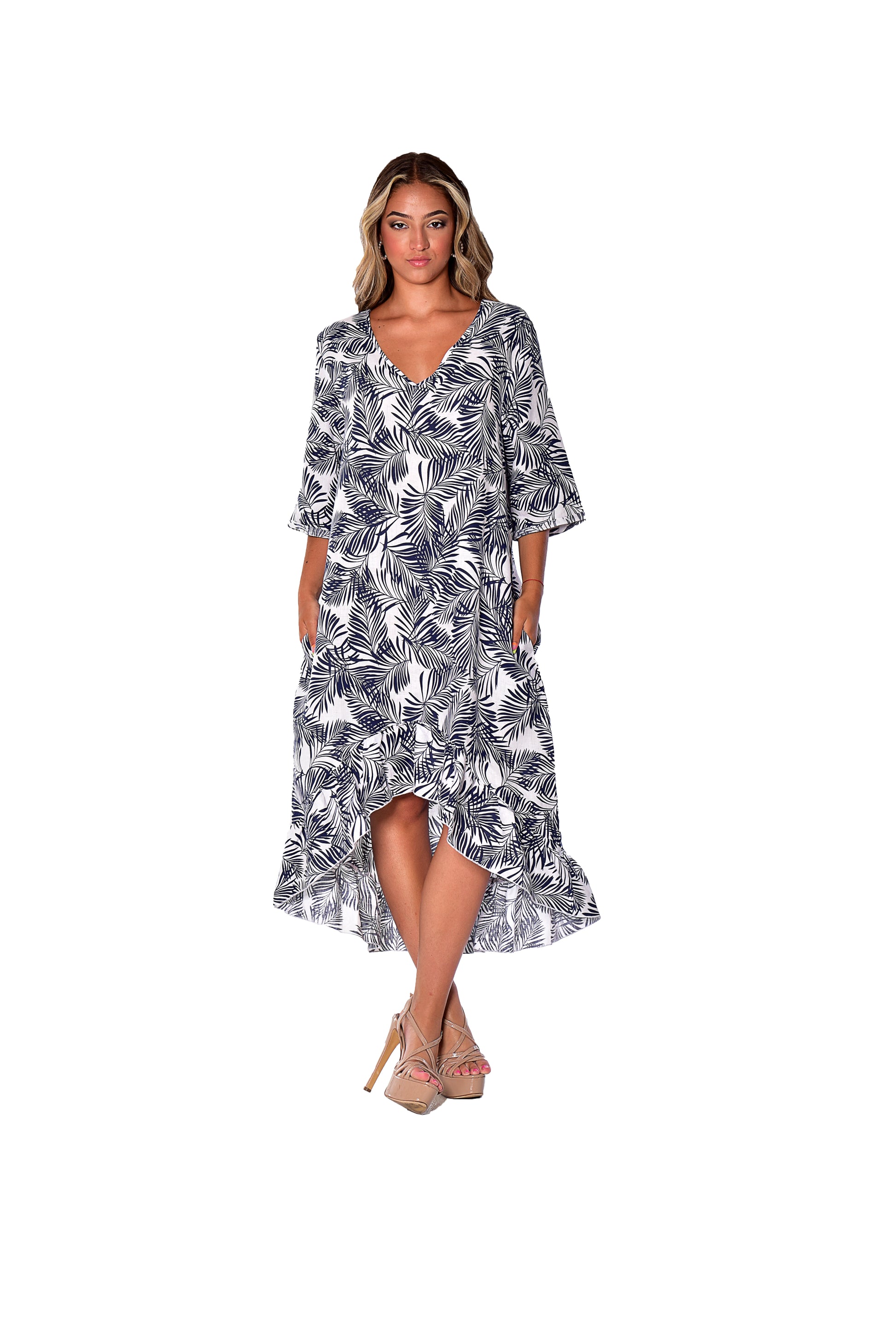Azucar 100% Linen Ladies Dress with 3/4 Sleeve and Ruffled Hem in (3) Colors-LLD1451/LLWD1981 - Casual Tropical Wear
