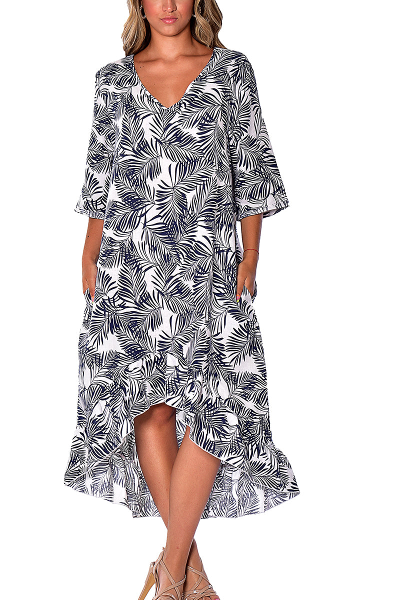 Azucar 100% Linen Ladies Dress with 3/4 Sleeve and Ruffled Hem in (3) Colors-LLD1451/LLWD1981 - Casual Tropical Wear
